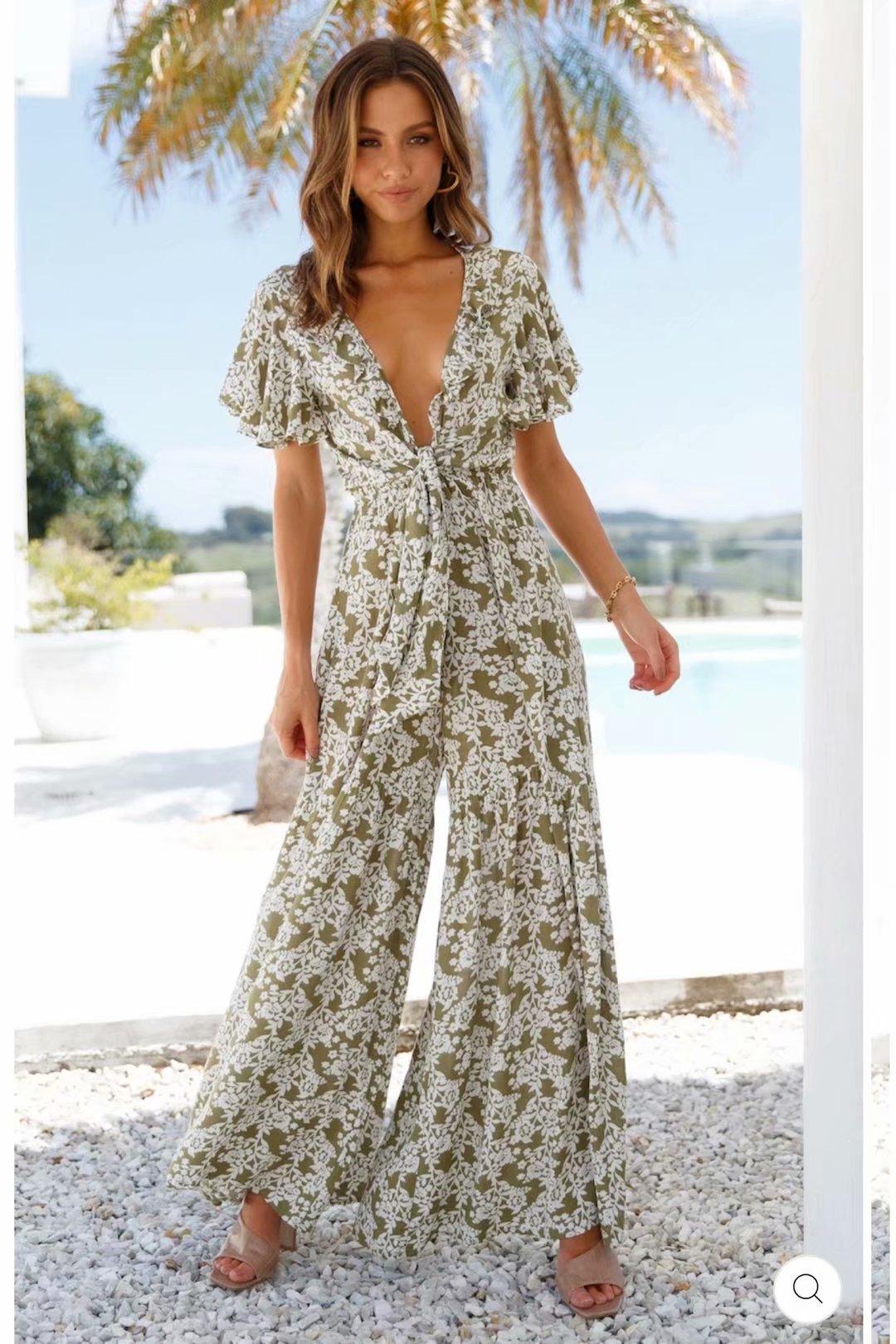 Printed Jumpsuit With Tie On Chest - Nioor