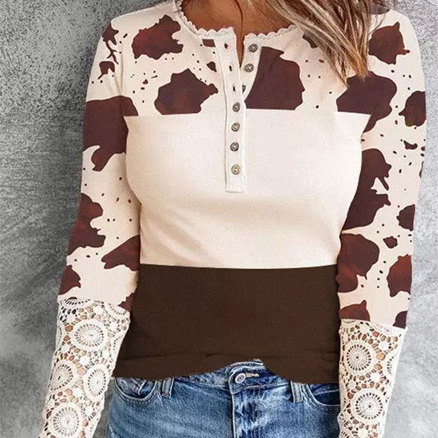 Printed Long-sleeved Top Women's Slim Knit Pullover - Nioor