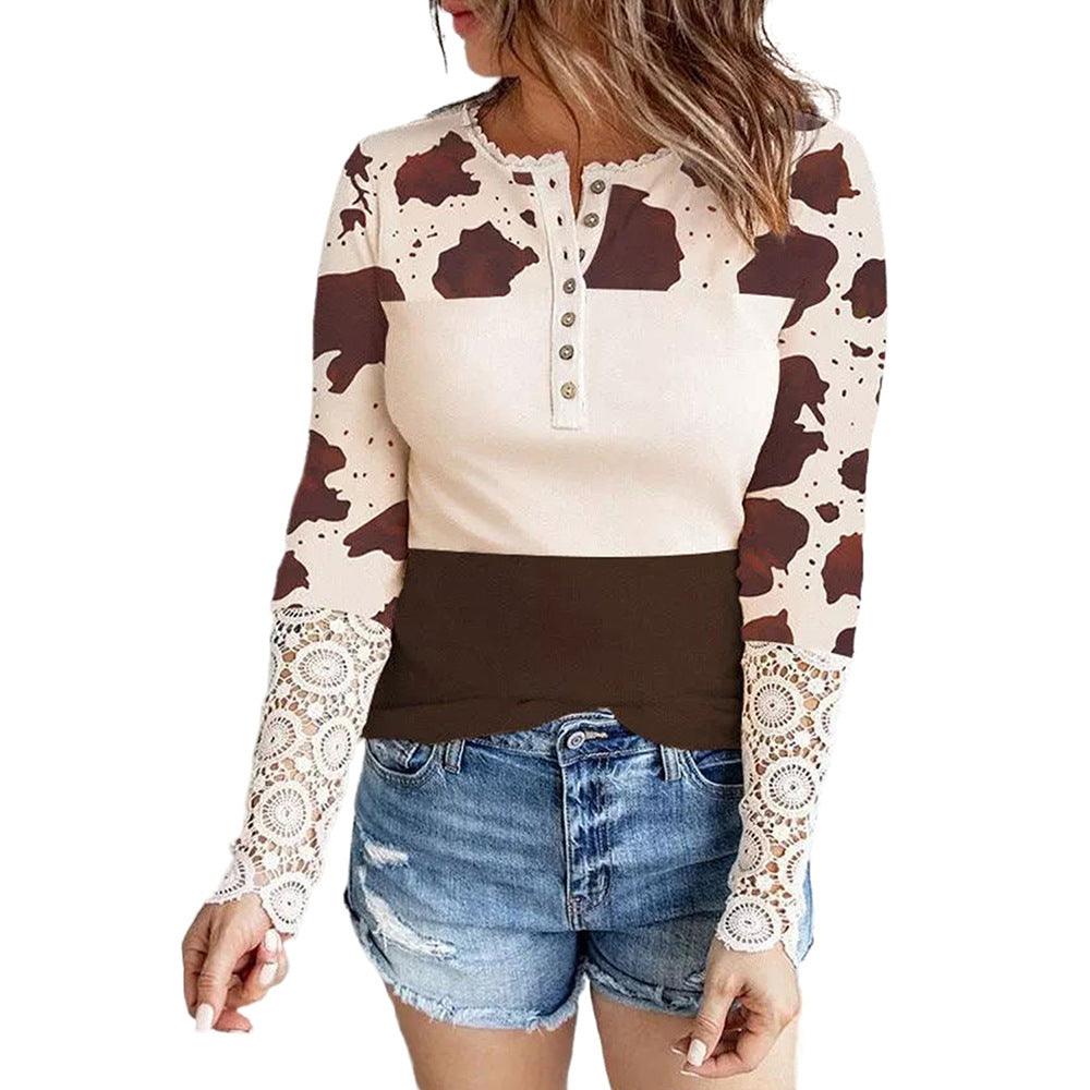 Printed Long-sleeved Top Women's Slim Knit Pullover - Nioor