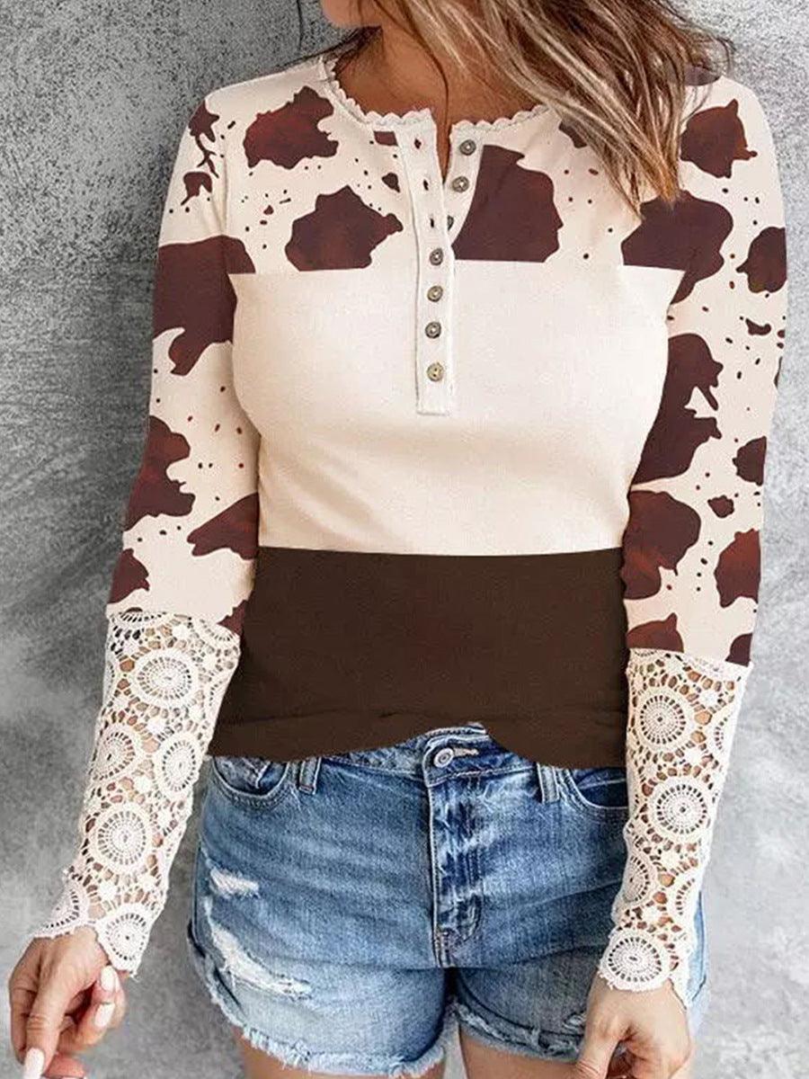 Printed Long-sleeved Top Women's Slim Knit Pullover - Nioor