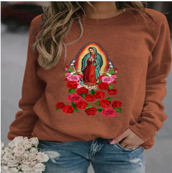 Printed Loose Round Neck Long Sleeve Sweaters Women's Clothing - Nioor