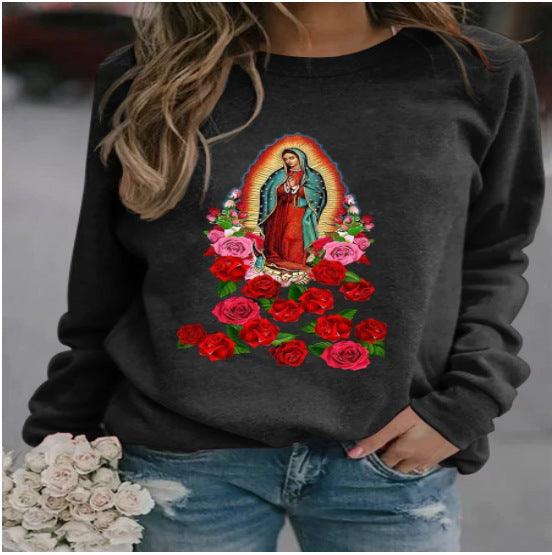 Printed Loose Round Neck Long Sleeve Sweaters Women's Clothing - Nioor