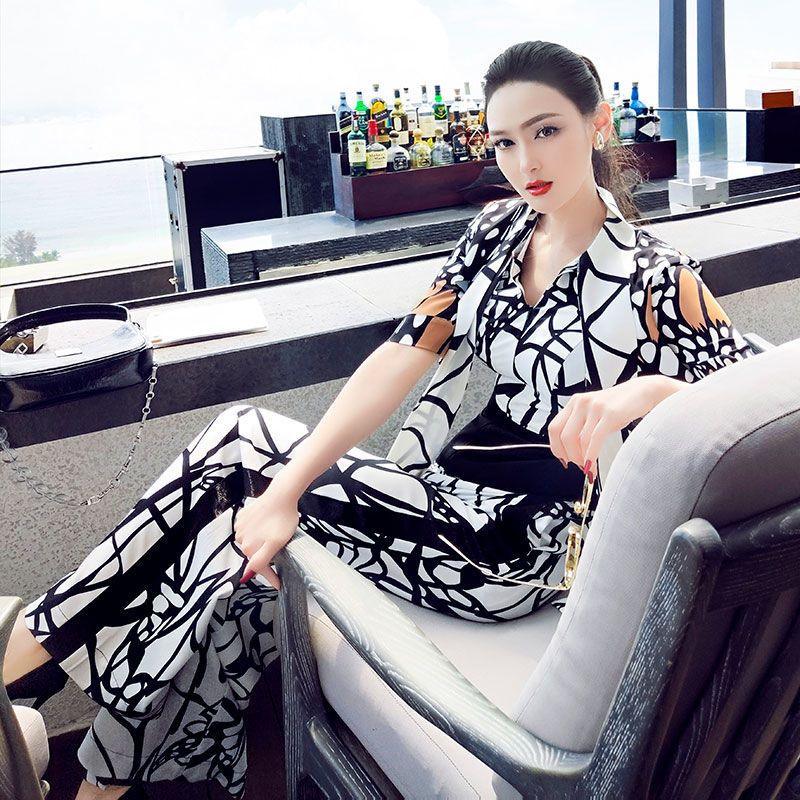 Printed One-piece Temperament Fried Street Jumpsuit Short-sleeved Wide-leg Pants - Nioor