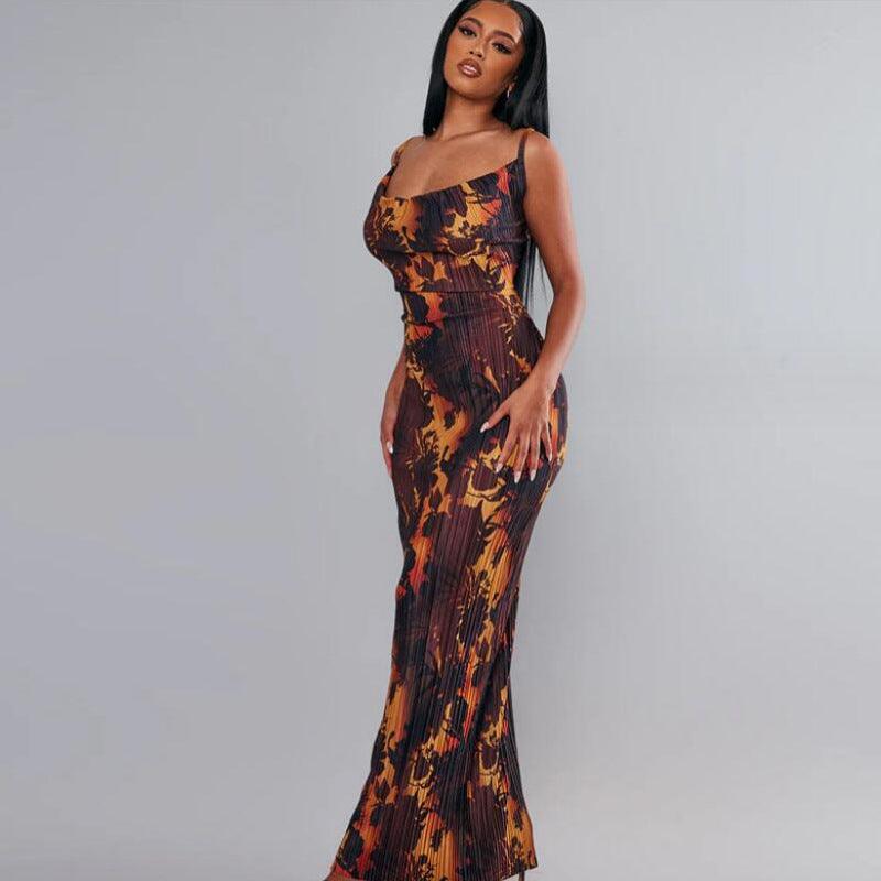 Printed Pleated Slim Fit Slimming Spaghetti Straps Maxi Dress - Nioor