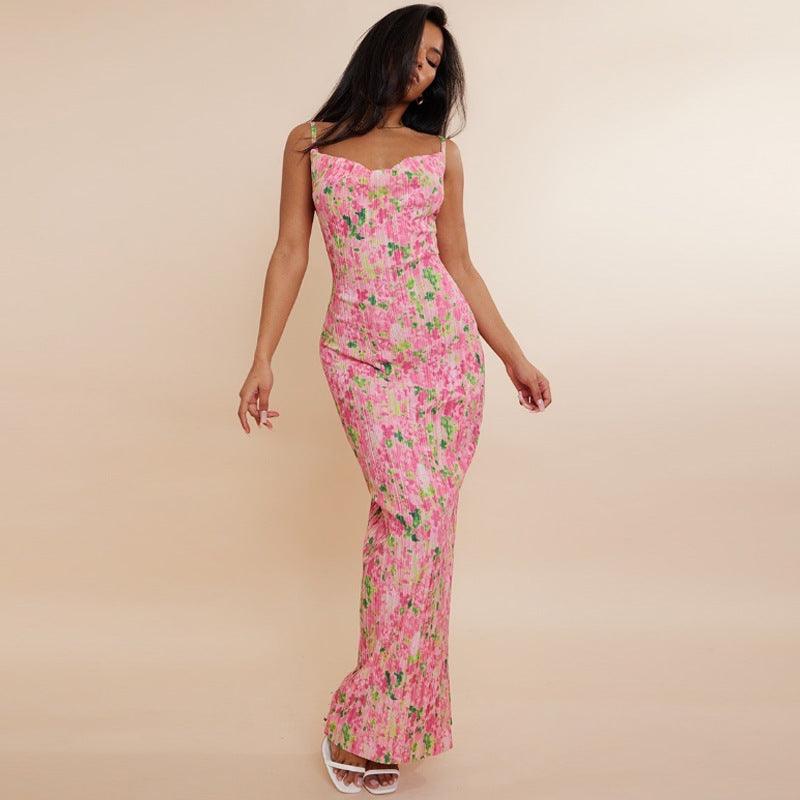 Printed Pleated Slim Fit Slimming Spaghetti Straps Maxi Dress - Nioor