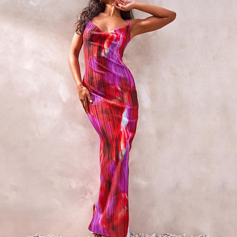 Printed Pleated Slim Fit Slimming Spaghetti Straps Maxi Dress - Nioor