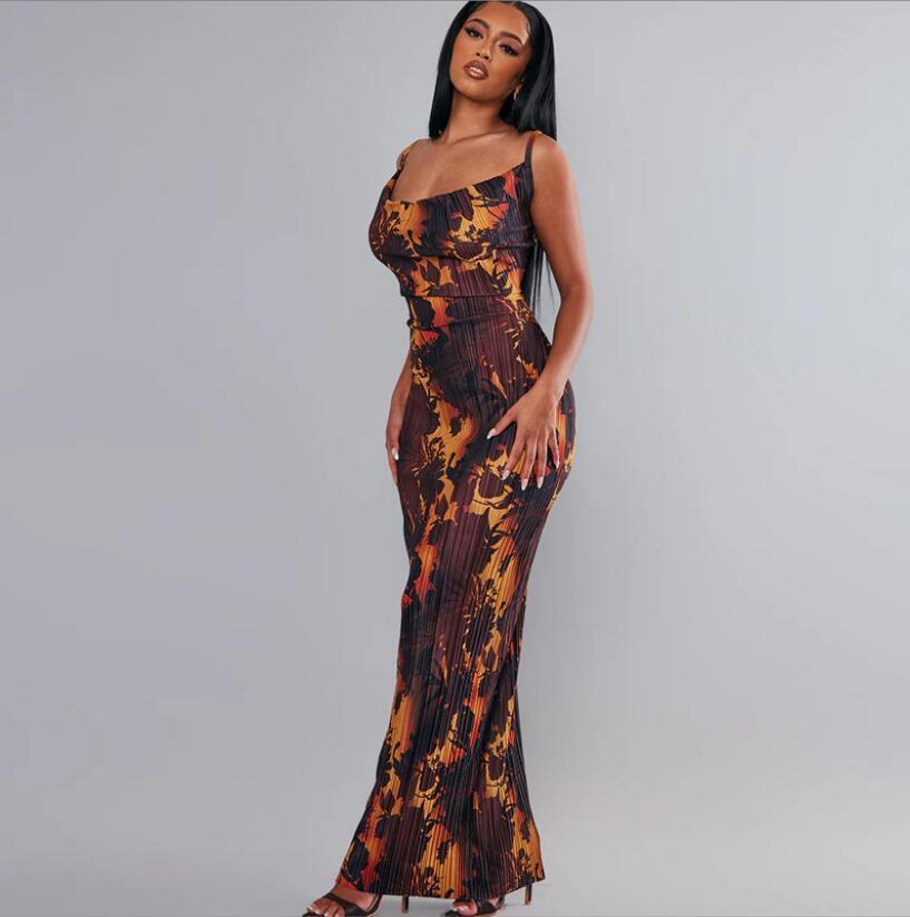 Printed Pleated Slim Fit Slimming Spaghetti Straps Maxi Dress - Nioor