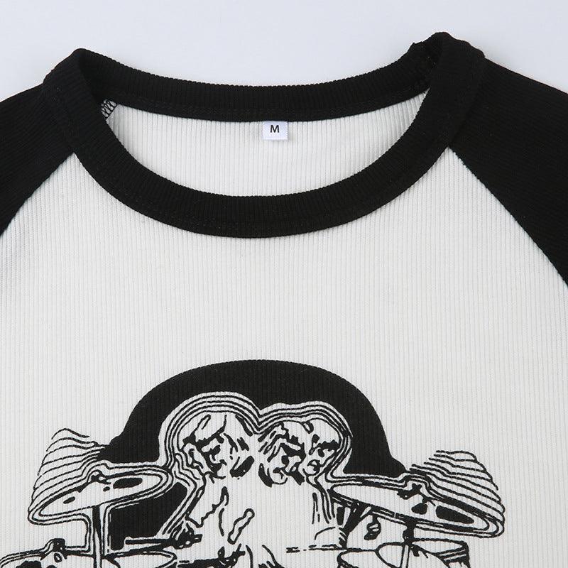 Printed Rib Raglan Contrast T-Shirt Women - Nioor