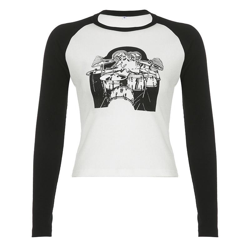 Printed Rib Raglan Contrast T-Shirt Women - Nioor