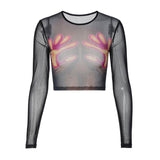 Printed Round Neck Long Sleeve See-through Mesh T-shirt Top - Nioor