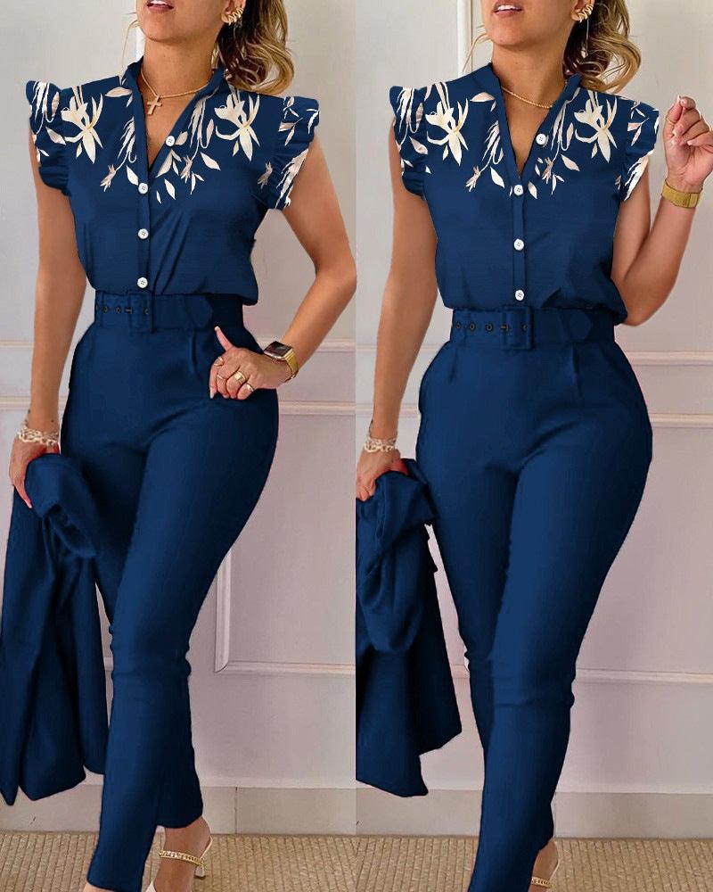 Printed Ruffle Sleeve Top Solid Color Pants Suit With Belt - Nioor