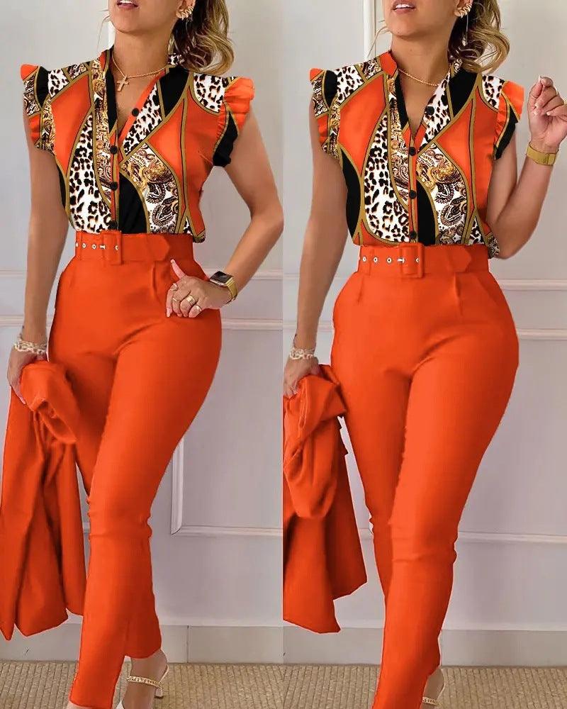 Printed Ruffle Sleeve Top Solid Color Pants Suit With Belt - Nioor