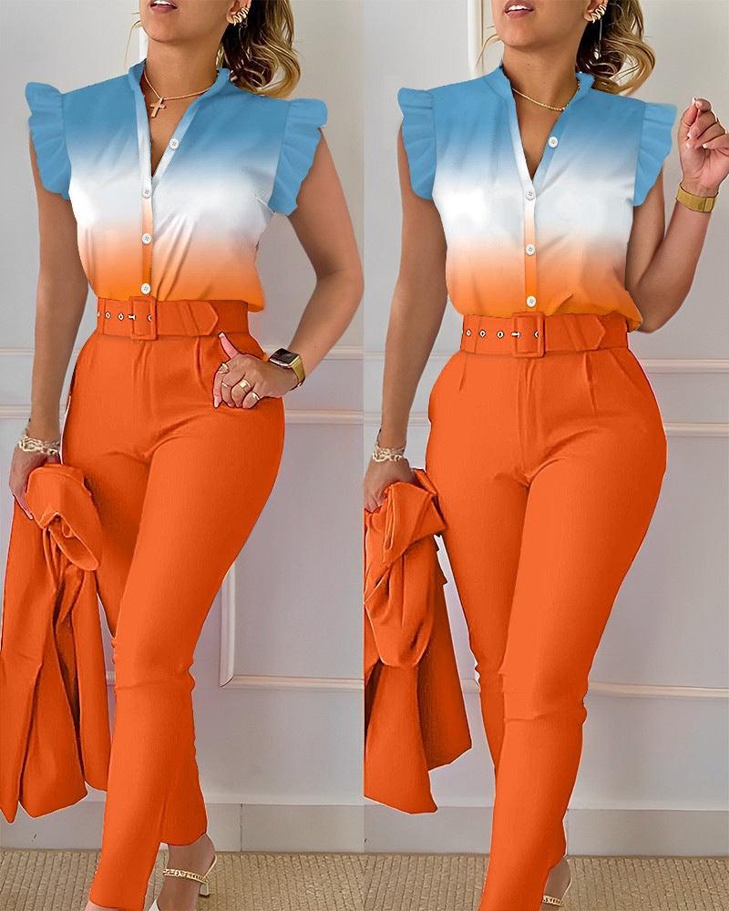 Printed Ruffle Sleeve Top Solid Color Pants Suit With Belt - Nioor