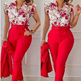 Printed Ruffle Sleeve Top Solid Color Pants Suit With Belt - Nioor