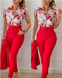 Printed Ruffle Sleeve Top Solid Color Pants Suit With Belt - Nioor