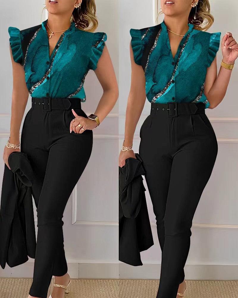 Printed Ruffle Sleeve Top Solid Color Pants Suit With Belt - Nioor