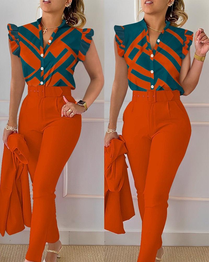 Printed Ruffle Sleeve Top Solid Color Pants Suit With Belt - Nioor