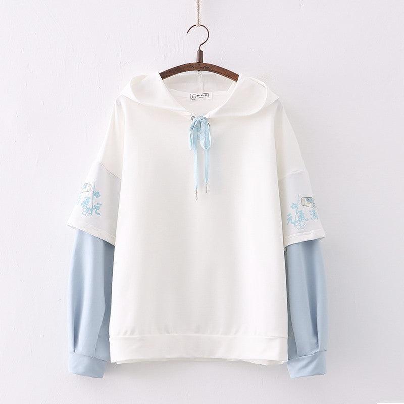 Printed Sleeves Hooded Splicing Pullover Hoodie For Women - Nioor