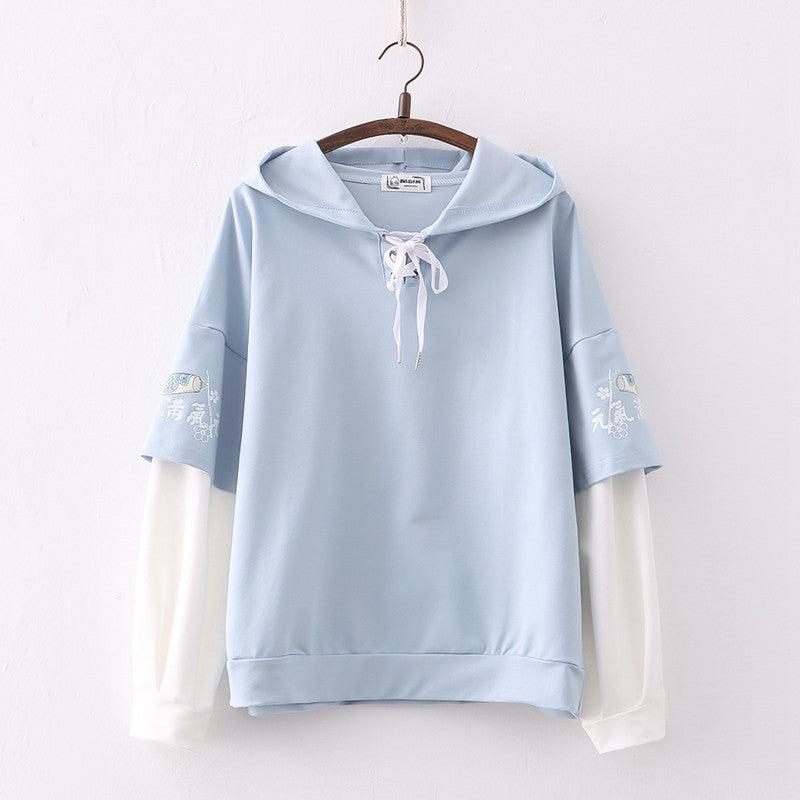 Printed Sleeves Hooded Splicing Pullover Hoodie For Women - Nioor