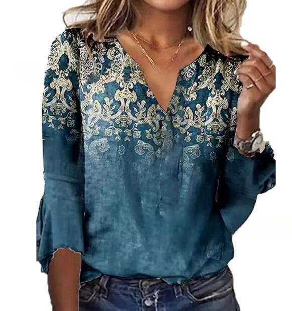 Printed V-neck Flare Sleeve T-shirt - Nioor