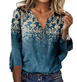 Printed V-neck Flare Sleeve T-shirt - Nioor