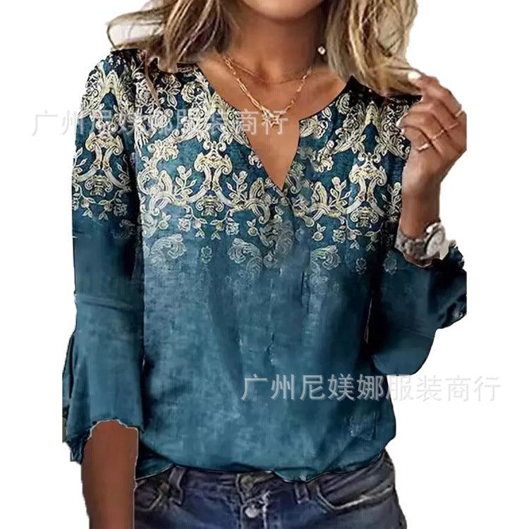 Printed V-neck Flare Sleeve T-shirt - Nioor