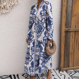 Printed V-neck Irregular Long Dress - Nioor