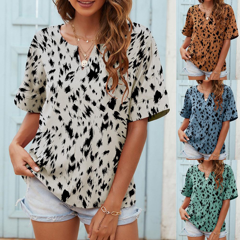 Printed V-neck Short-sleeved Casual Top T-shirt For Women - Nioor