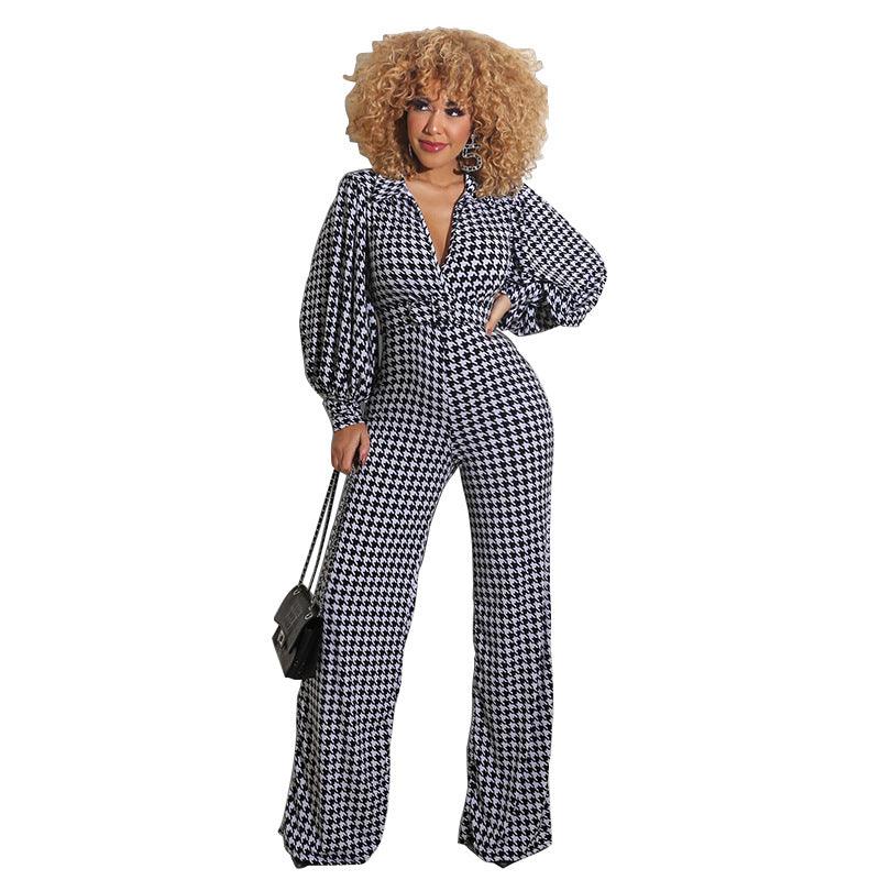 Puff Sleeve Women's Printed Jumpsuit Loose - Nioor