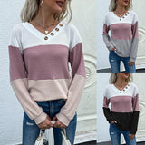 Pullover Color Blocking V-neck Waffle Knit For Women - Nioor