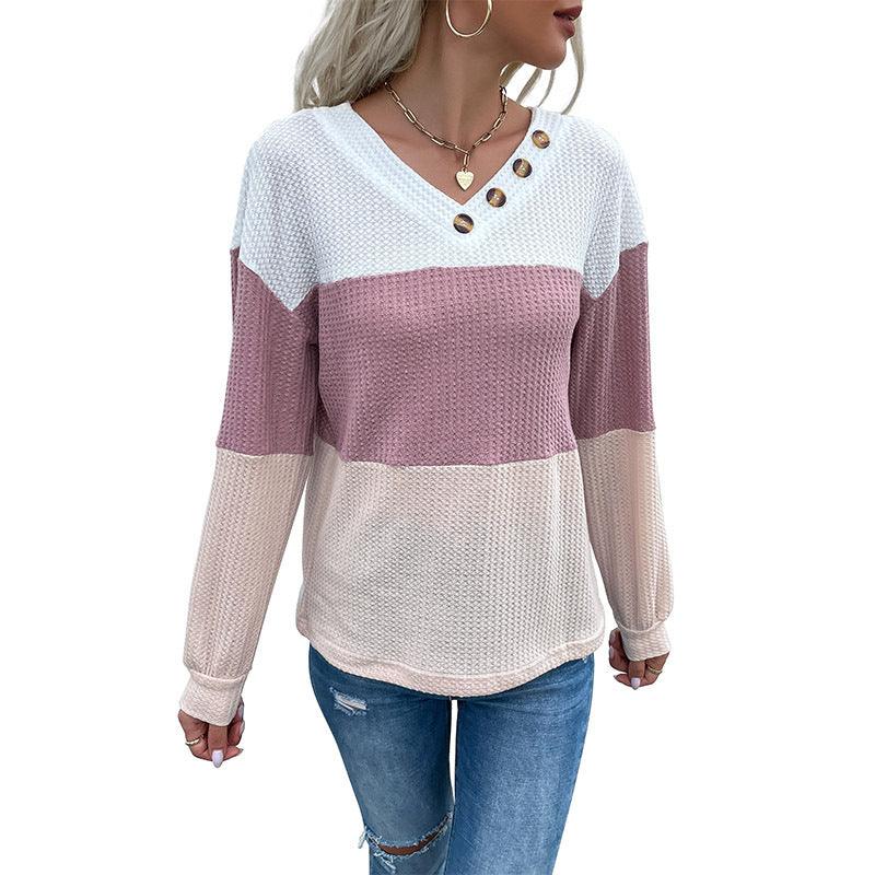 Pullover Color Blocking V-neck Waffle Knit For Women - Nioor