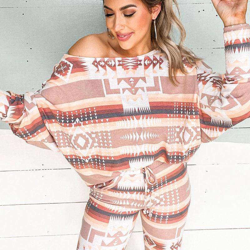 Pullover Long Sleeve Printed Two-piece Suit Homewear - Nioor