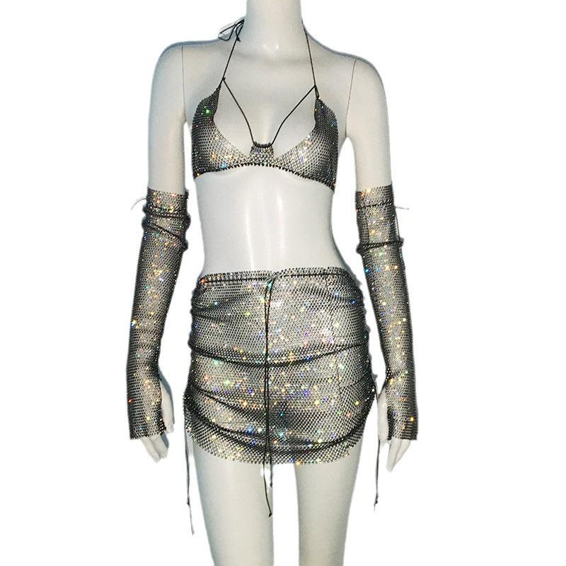 Punk Rhinestone Spaghetti Strap Bra Music Festival Top - Nioor