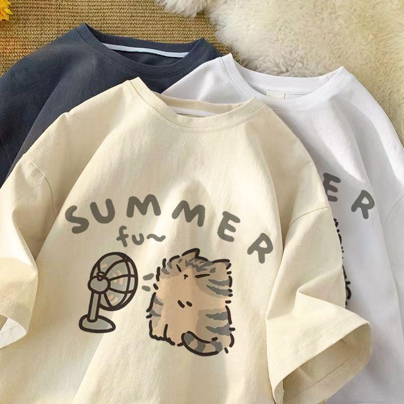 Pure Cotton Cartoon Kitten Print Short Sleeve Shirt Men And Women - Nioor