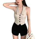 Pure Desire Chic Sweet Hot Girl Short Irregular Design Polo Collar Halter Sleeveless Knitted Vest - Nioor