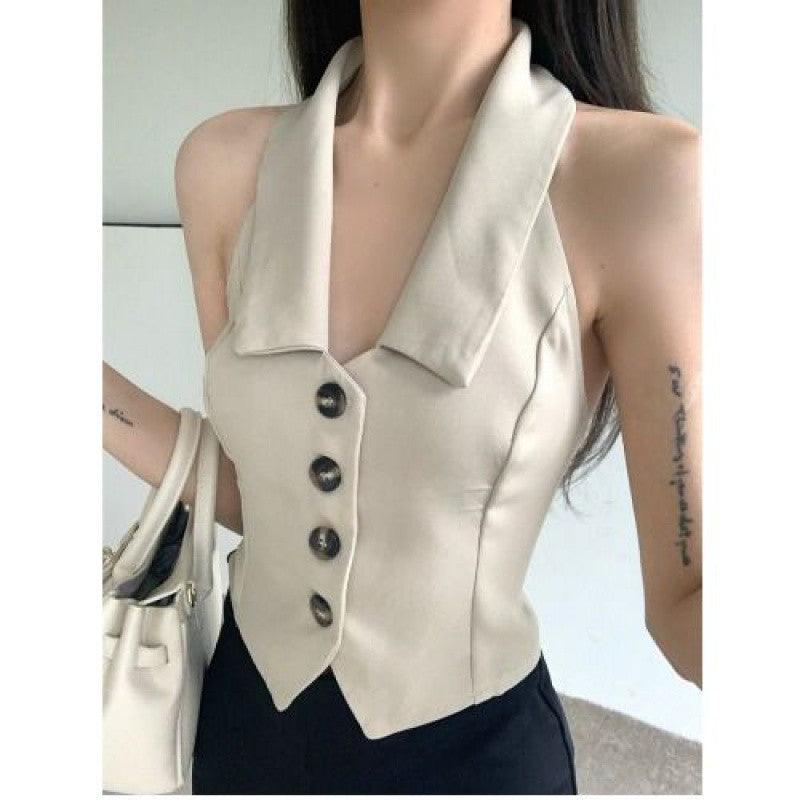 Pure Desire Chic Sweet Hot Girl Short Irregular Design Polo Collar Halter Sleeveless Knitted Vest - Nioor