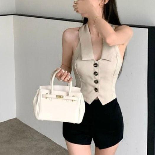 Pure Desire Chic Sweet Hot Girl Short Irregular Design Polo Collar Halter Sleeveless Knitted Vest - Nioor