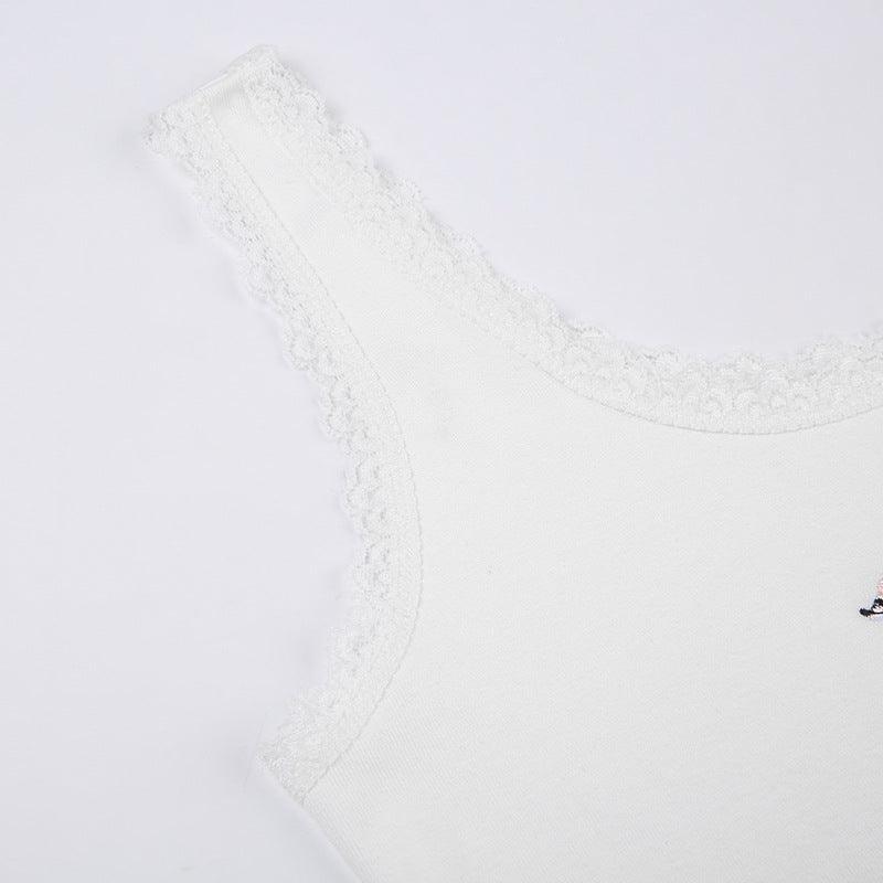 Pure Desire Sexy Style Cute Animal Embroidered Lace Patchwork Top Contrast Color Slim Fit Navel Small Sling Vest - Nioor