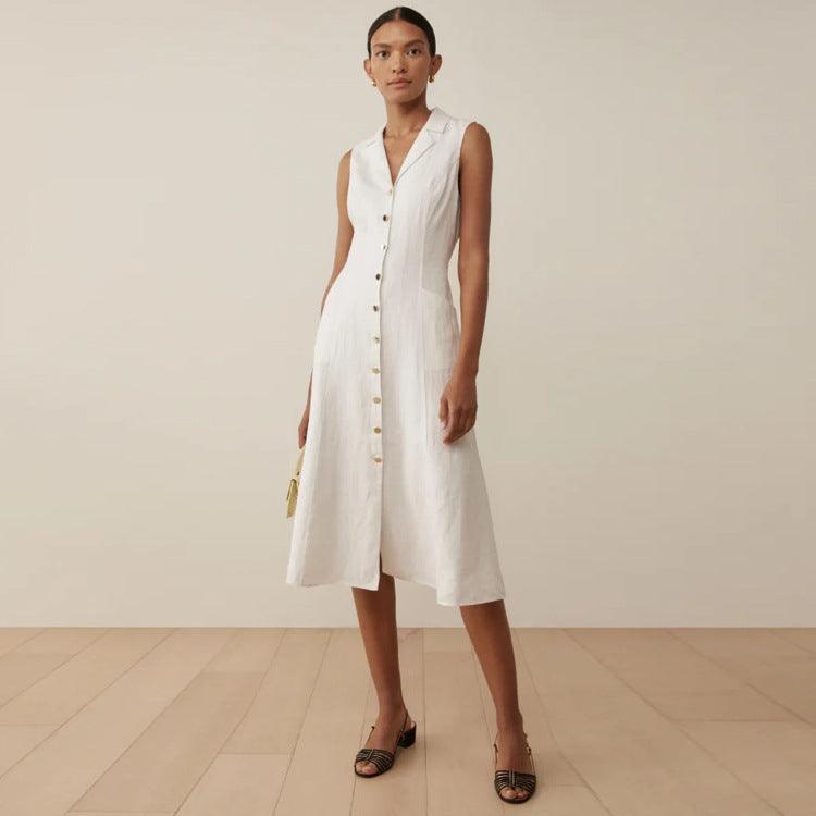 Pure White Suit Collar Sleeveless Waist Dress - Nioor