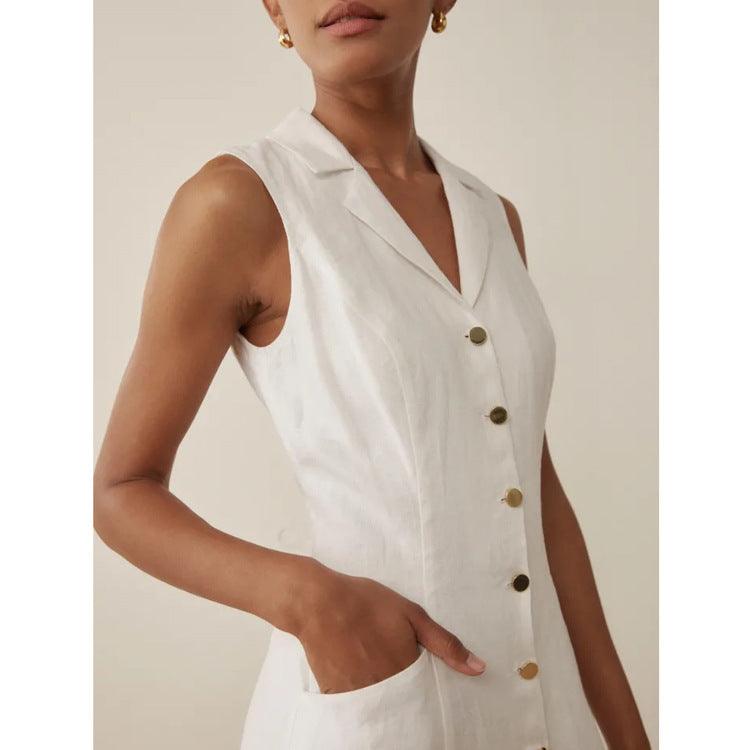 Pure White Suit Collar Sleeveless Waist Dress - Nioor