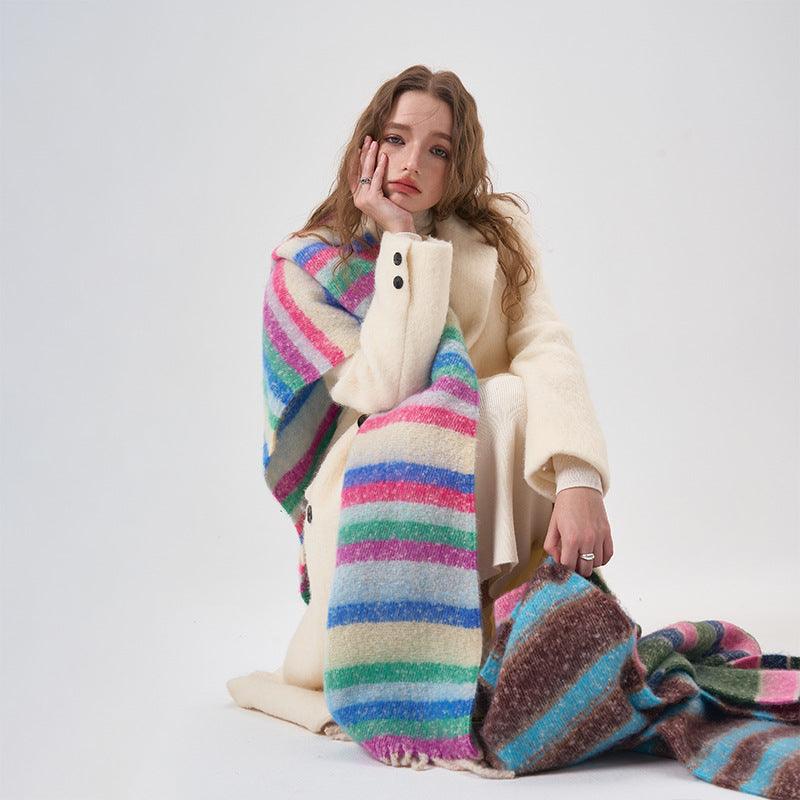 Rainbow Color-blocking Striped Soft Scarf - Nioor