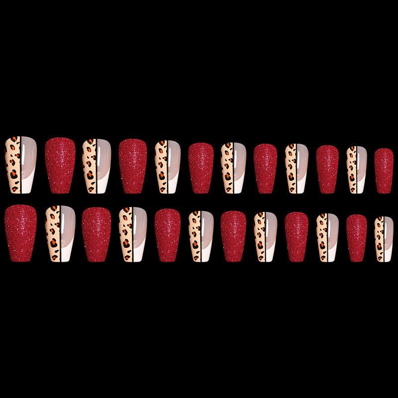 Red Jump Color Leopard Print Ballet False Nails - Nioor