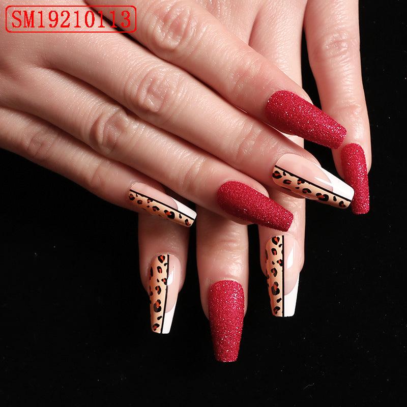 Red Jump Color Leopard Print Ballet False Nails - Nioor