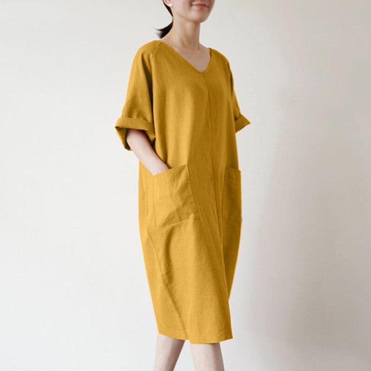 Retro Dress Women's Cotton Casual Solid Color Long - Nioor