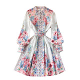 Retro Ethnic Style Stand Collar Single-breasted Lantern Sleeve Dress - Nioor