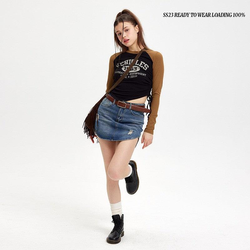 Retro Irregular Hem Short-sleeved T-shirt Top - Nioor