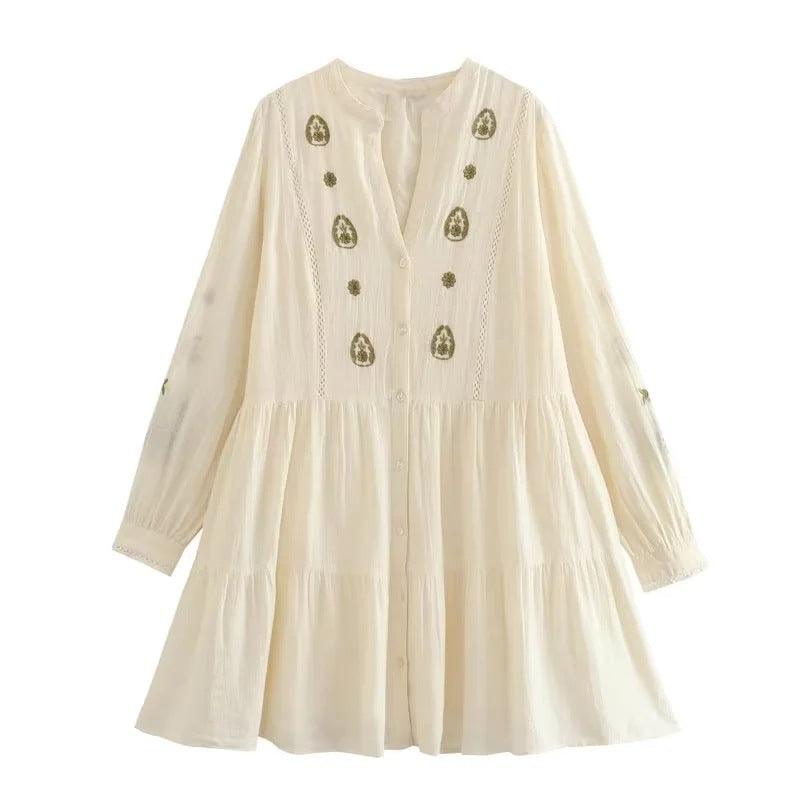 Retro Loose Long Sleeve Embroidered Short Dress - Nioor