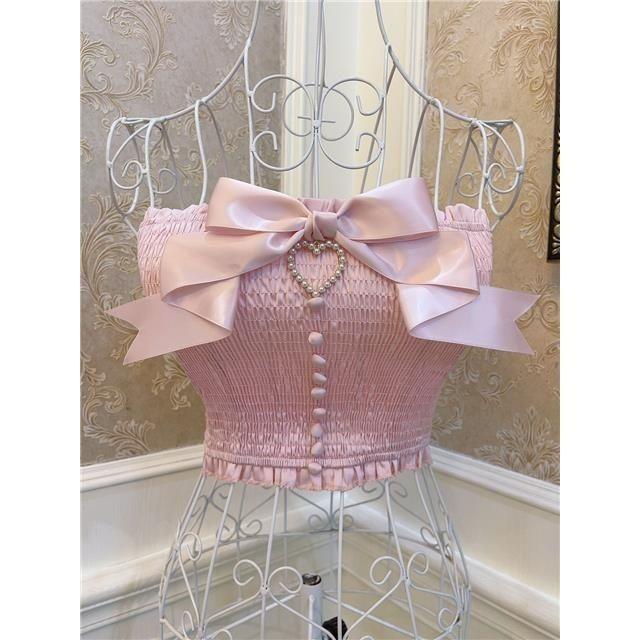 Retro Sweet Princess Bow Love Pearl Short Top - Nioor