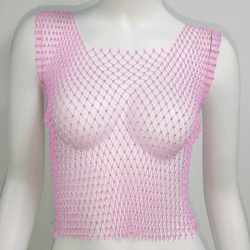 Rhinestone Mesh Sleeveless Square Neck T-shirt Rhinestone Fishnet Top - Nioor