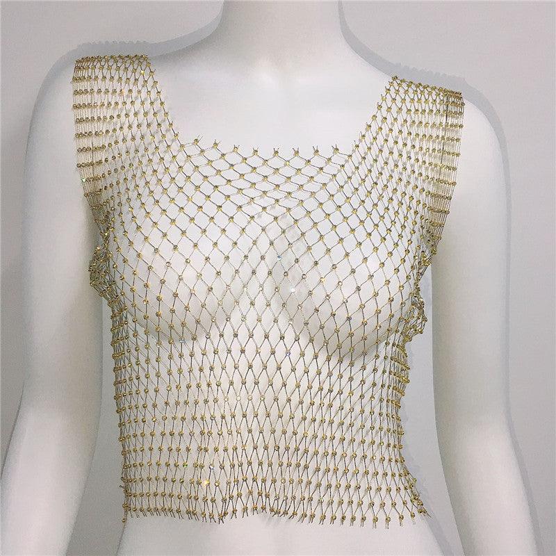 Rhinestone Mesh Sleeveless Square Neck T-shirt Rhinestone Fishnet Top - Nioor